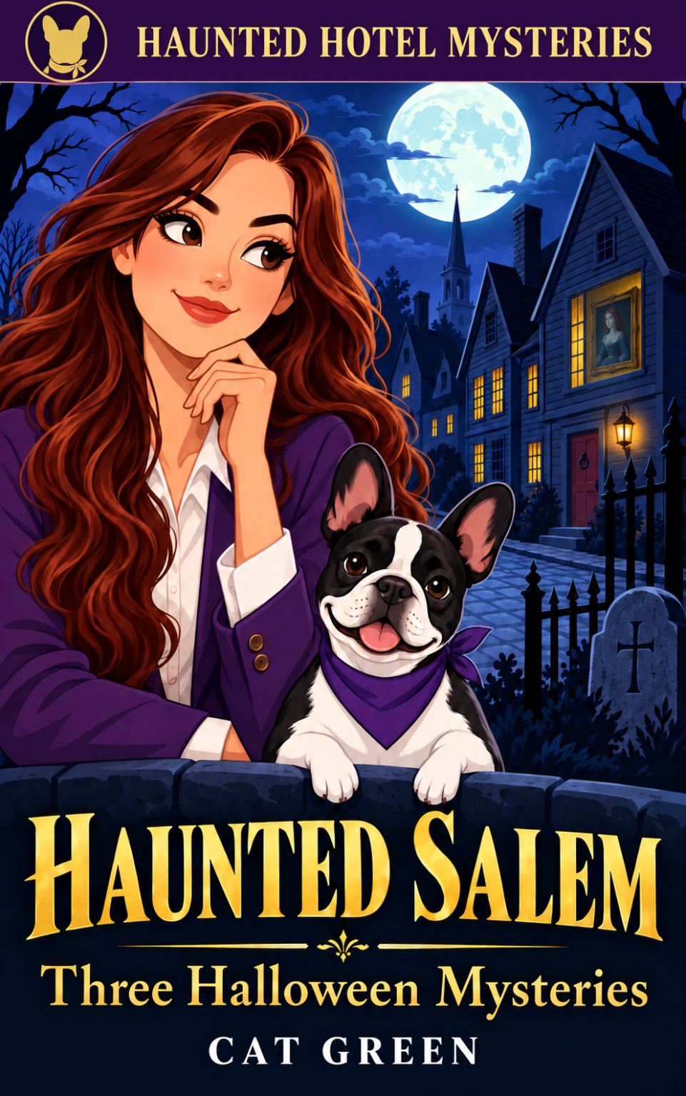 Illustration of the book cover Haunted Salem, featuring the image of amateur sleuth protagonist Nina and her smiling French Bulldog.