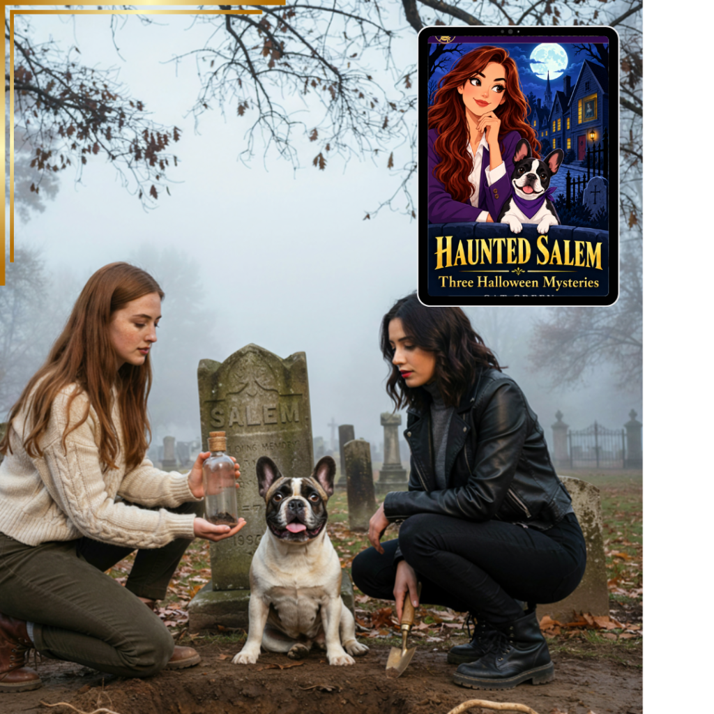 Image of two girls in a graveyard digging up a witch's bottle and also cover of Haunted Salem, a book by Cat Green Author.